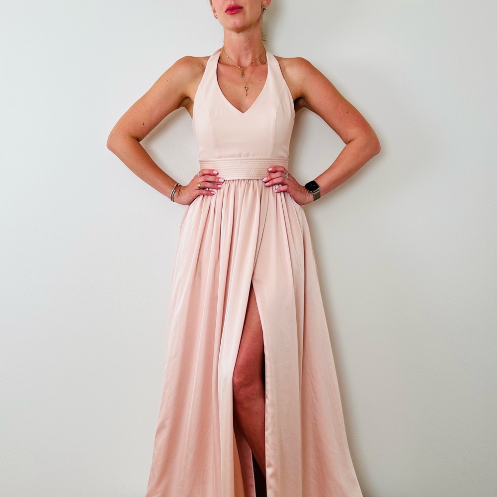 Vera Wang White Elegant Halter Neck Pink Gown Wedding Prom Maxi Dress Satin
